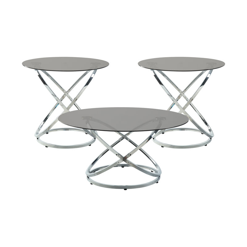 Ensemble de tables d'appoint 3 pièces Modern avec dessus en verre trempé et base en métal chromé