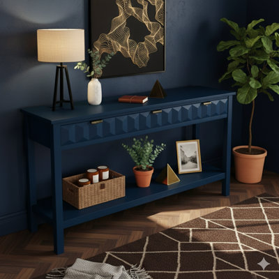 Table d'entrée en placage de sapin de 60 pouces avec panneaux avant en nid d'abeille, console moderne élégante avec 3 tiroirs et pieds en bois de sapin massif, convient au salon, au vestibule, au couloir, au bureau, au vestibule