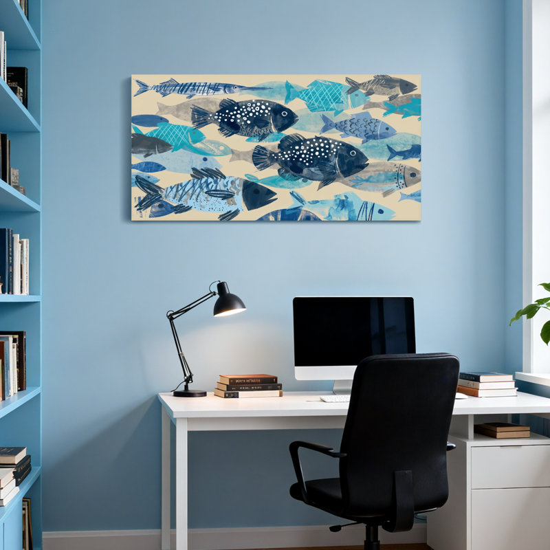 Animals Blue Fish Pattern Watercolor Art Print, 20" H x 40" W