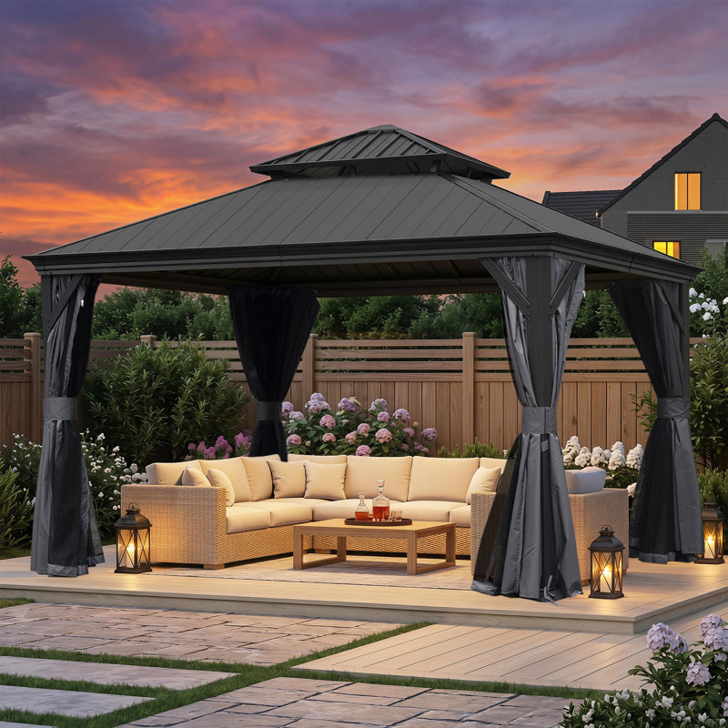 Outdoor Patio Metal Frame Gray Wood Grain Resin Roof Gazebo with Privacy Curtain Mosquito Netting, Gray