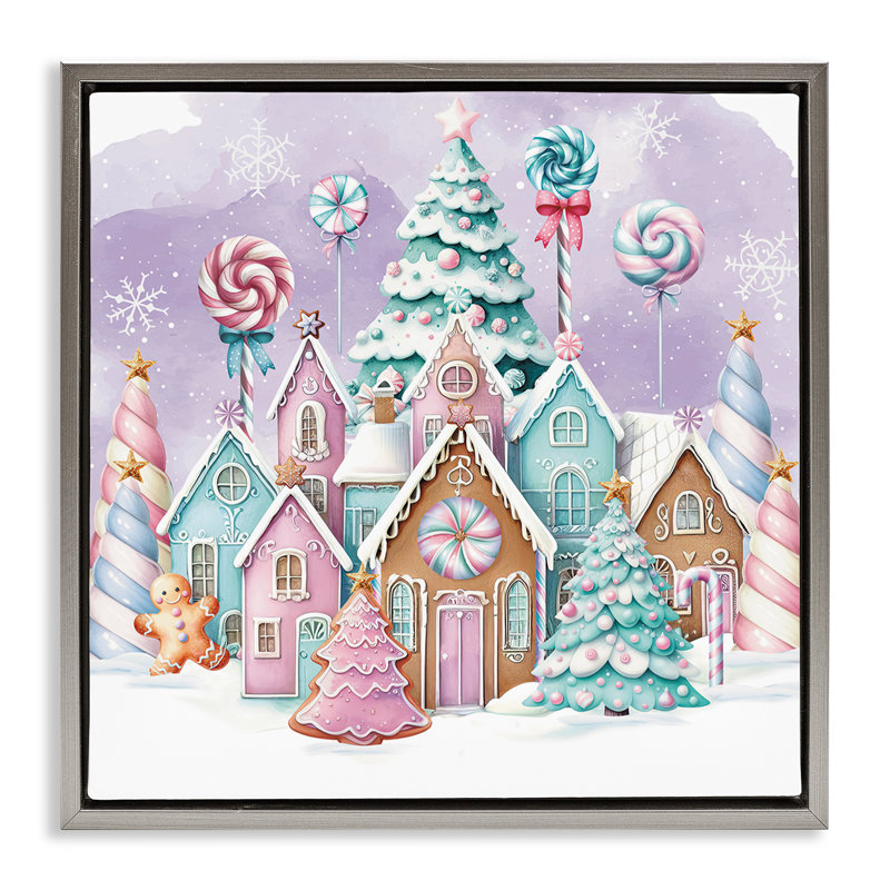 «Gingerbread Candy Town», art mural encadré sur toile flottante par Nicole DeCamp, Cadre flottant gris lustré