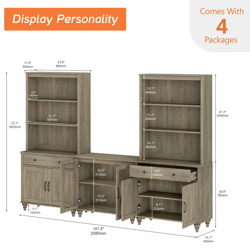 Sideboard Cabinet With Bar Hutch, Buffet Cabinet With Two Wood Doors, Two Glass Doors And Two 3 Tier Shelves, Wash Gray, 101''