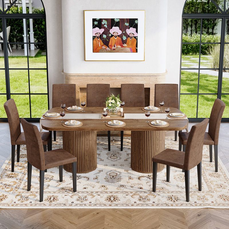 Ensemble de table de salle à manger moderne pour table de salle à manger en bois foncé 6/8/10 - 79 "avec base à double piédestal et rangement caché, chaises rembourrées en suède, grande cuisine