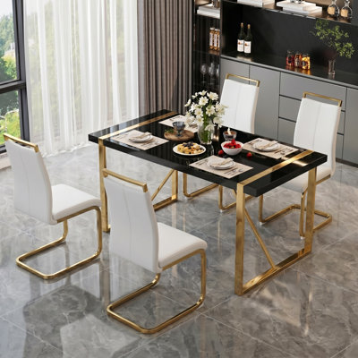 5-Piece Modern Rectangular High-Gloss Dining Set with Faux Leather Cantilever Chairs