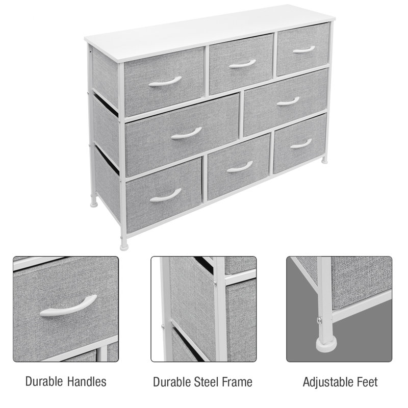 White and Gray 8-Drawer Fabric Dresser with Steel Frame