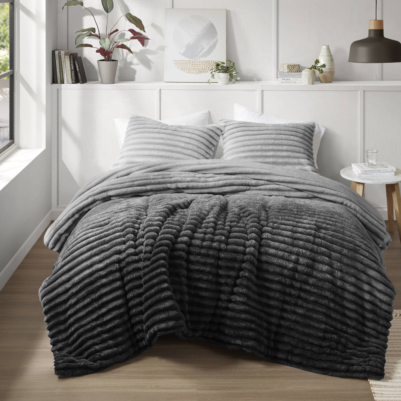 Avril Fluffy Ribbed Plush Comforter Set, Gray Ombre, King Comforter + 2 King Shams
