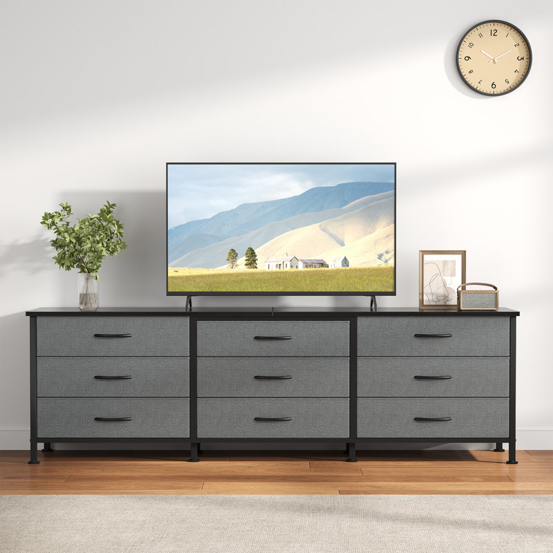 Commode 63 pouces pour chambre à coucher, placard en tissu 9 tiroirs, grand meuble télé, meuble audio-vidéo avec rangement, commode
