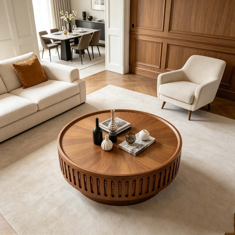 Table basse ronde, table de bout ronde en treillis, table d'appoint Boho avec fonction de rangement rabattable, 31.3"-Walnut