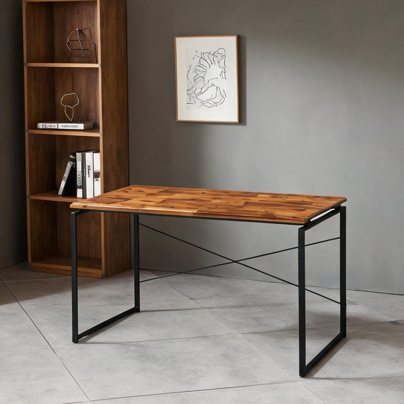 Bureau en chêne massif et acier noir de jais, rectangulaire industriel de 47 pouces, surface de travail pour bureau à domicile