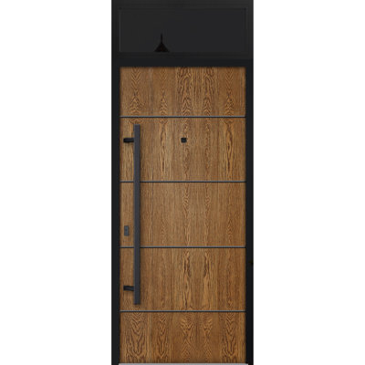 Porte avant en acier pré-suspendue à l'avant / deux portes en chêne naturel 6683 / fenêtre extérieure supérieure à panneau latéral / entrée en métal peint moderne l 36 po x H80 + 16 po à gauche