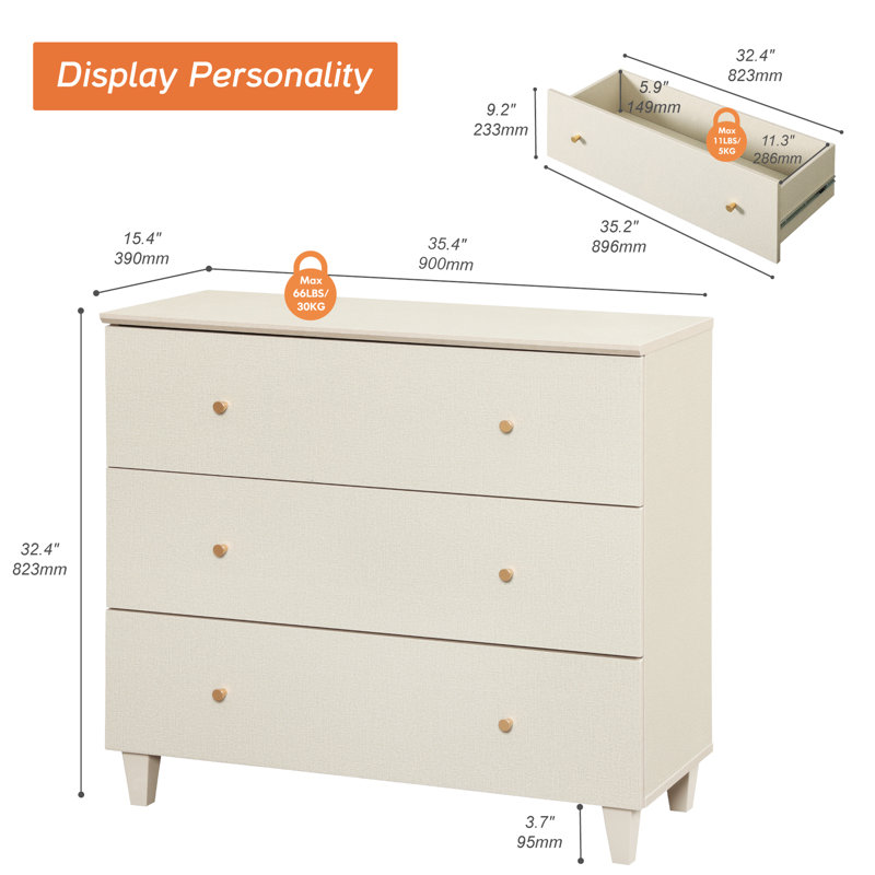 Commode 3 tiroirs L 35,4 po Lysiane, Beige/or