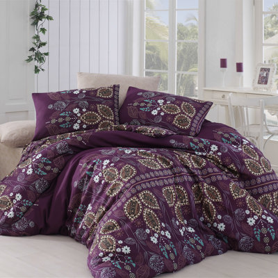 Ensemble de housse de couette 3 pièces en mélange de coton mauve / brun / gris Larue