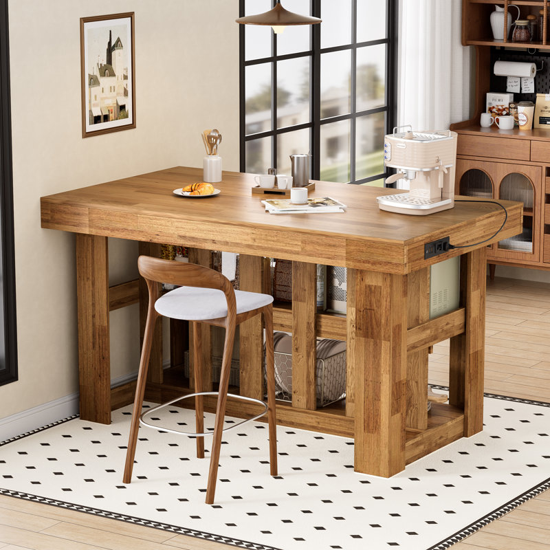 3-Tier Kitchen Island with Power Outlet & Storage Shelves, 55.1" Farmhouse Kitchen Shelf Bar Table with Large Worktop, Stable Wooden Structure