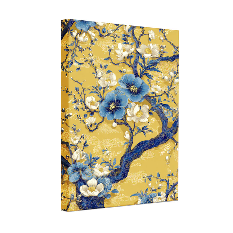 Plantes et fleurs bleues et blanches sur fond jaune, H 30 po x l 20 po