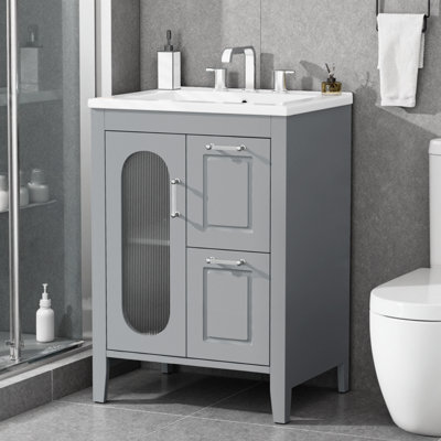 Meuble-lavabo moderne 24 po avec lavabo en céramique, armoire de rangement et deux tiroirs