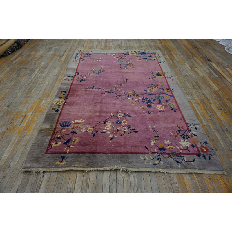 1920s Rectangle Purple / Lavender Mauve Hand Knotted Pile Floral Antique Wool Rug