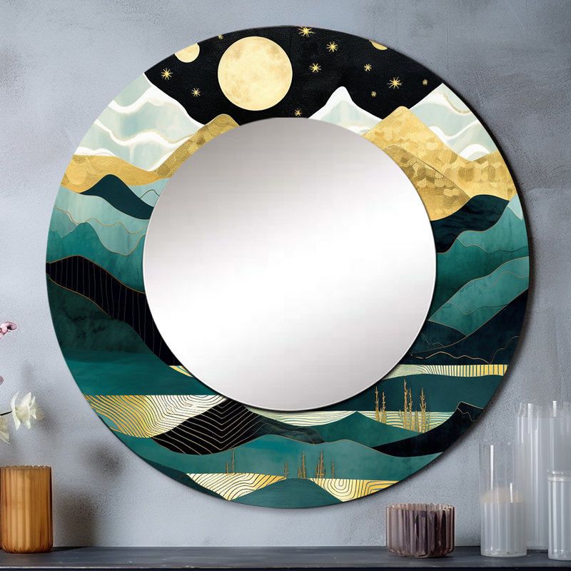 Mountain Nature's Roar II - miroir de paysages, miroir mural rond bleu sarcelle, impression d'art en métal, 29 po x 29 po