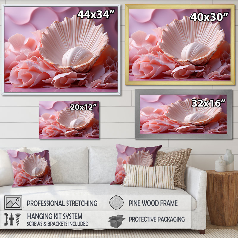 Romantisme, coquillages II sur toile, H 24 po x l 32 po x P 1 po, Cadre simple argenté