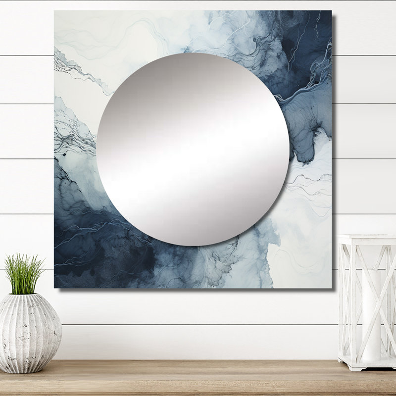 Charmont - Miroir carré abstrait en marbre bleu et blanc River III, 23 po x 23 po