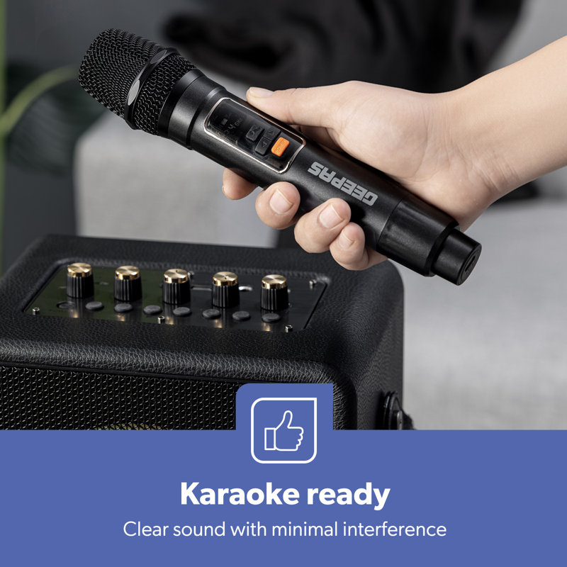 GEEPAS Karaoke Machine | Portable Bluetooth Speaker with UHF Wireless Microphone | Strong Bass RGB Lights BT5.3 USB/TF/AUX/FM/TWS 6H Playtime IPX4 Waterproof Strap Included Home Party Picnic Gift Idea