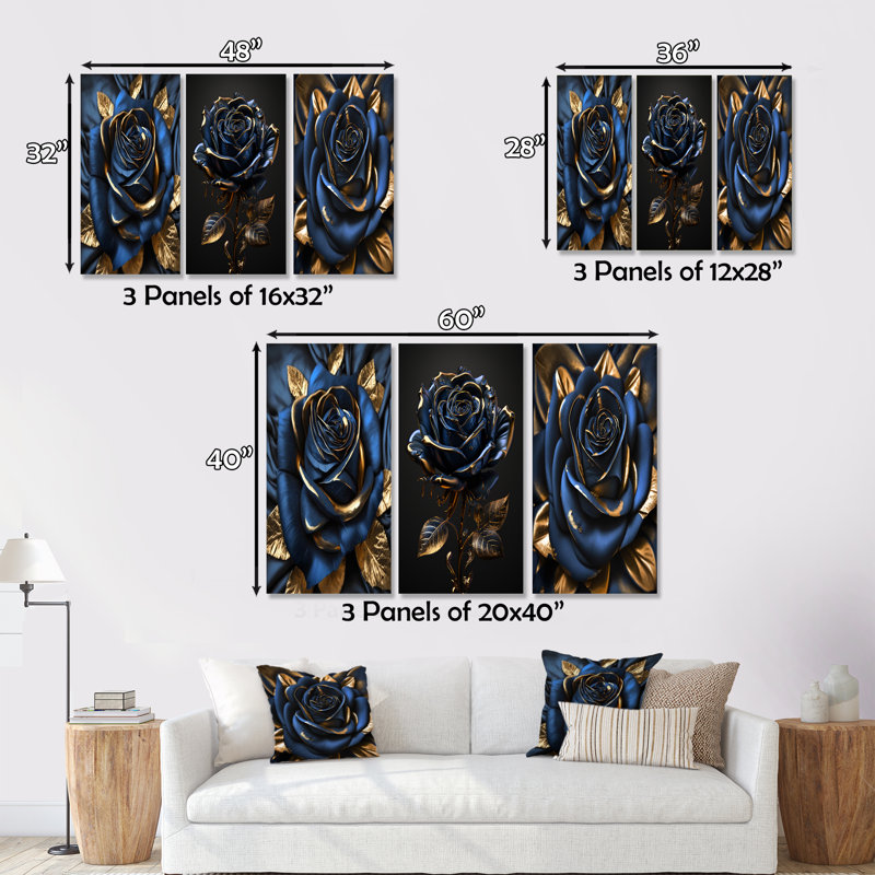 «Gilded Rose In Kings Blue I», reproduction sur toile 3 pièces, H 40 po x l 60 po x P 1 po