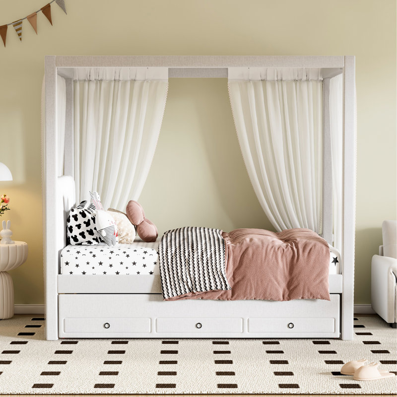 Lit plateforme simple à baldaquin avec lit gigogne et rangement polyvalent, baldaquin beige, lit gigogne, 3 tiroirs de rangement dans la teinte