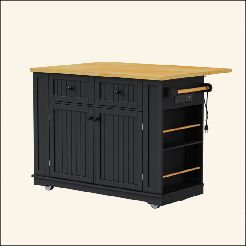 48 Inch Large Kitchen Island With Drop Leaf,Power Outlet,Internal Storage Rack,Rolling Kitchen Storage Cart On 5 Wheels With 5 Open Side Racks,For Kitchen,Dining Room(Not Include Stools)