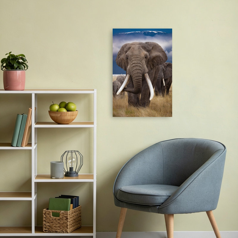 Wild Elephants Kilimanjaro Abstract Contemporary Landscape Nature Wall Art Print 1 Piece Wrapped Canvas Wall Art
