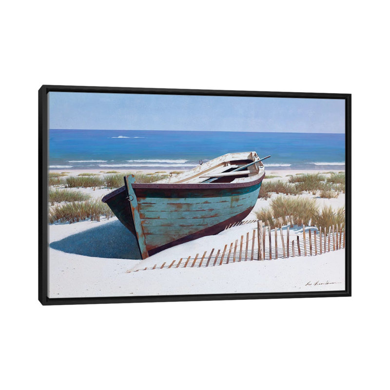 «Blue Boat on Beach» par Zhen-Huan Lu - reproduction de photo, H 40 po x l 60 po x 1,5 po, Toile avec cadre noir