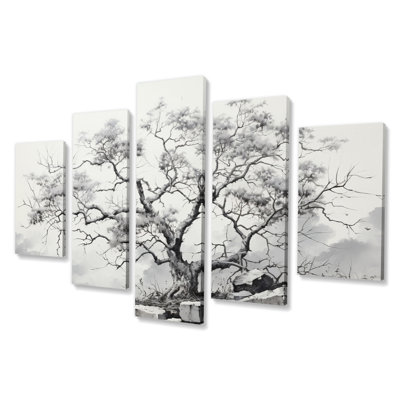 Arbre à fleurs monochromes gris et blanc III - impression murale d'art floral - 5 panneaux