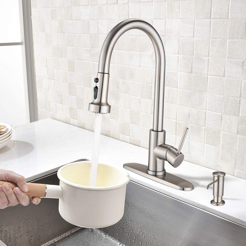 MAXWELL Pull Down Kitchen Faucet with and with Soap Dispenser, Brushed Nickel