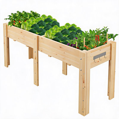 Grand lit de jardin surélevé en bois avec pieds et crochets - Boîte à fleurs en sapin robuste, trous de drainage, doublure non tissée - pour les légumes d'extérieur, herbes, fleurs - vernis, 182,88 x 58,42 x 76,2 cm