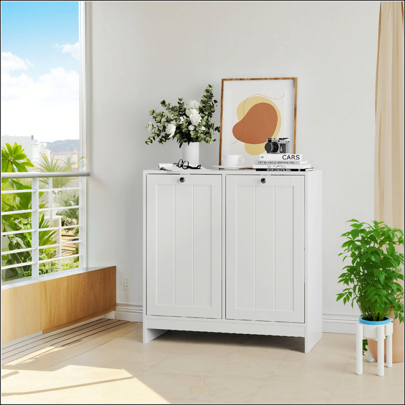 Tilted Laundry Hamper With Removable Baskets, Hidden Storage Cabinet, Free-Standing Home Organizer, White