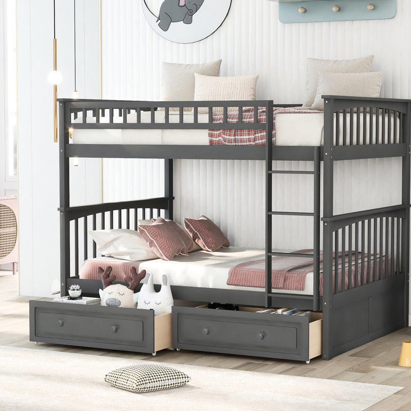 Lit double superposé au dessus avec tiroirs gris - convertible pour la chambre à coucher grise, Gris, Lit double