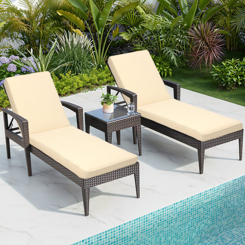 Aoodor Outdoor 3" Chaise Lounge Seat Cushion with Ties Set of 2, Beige