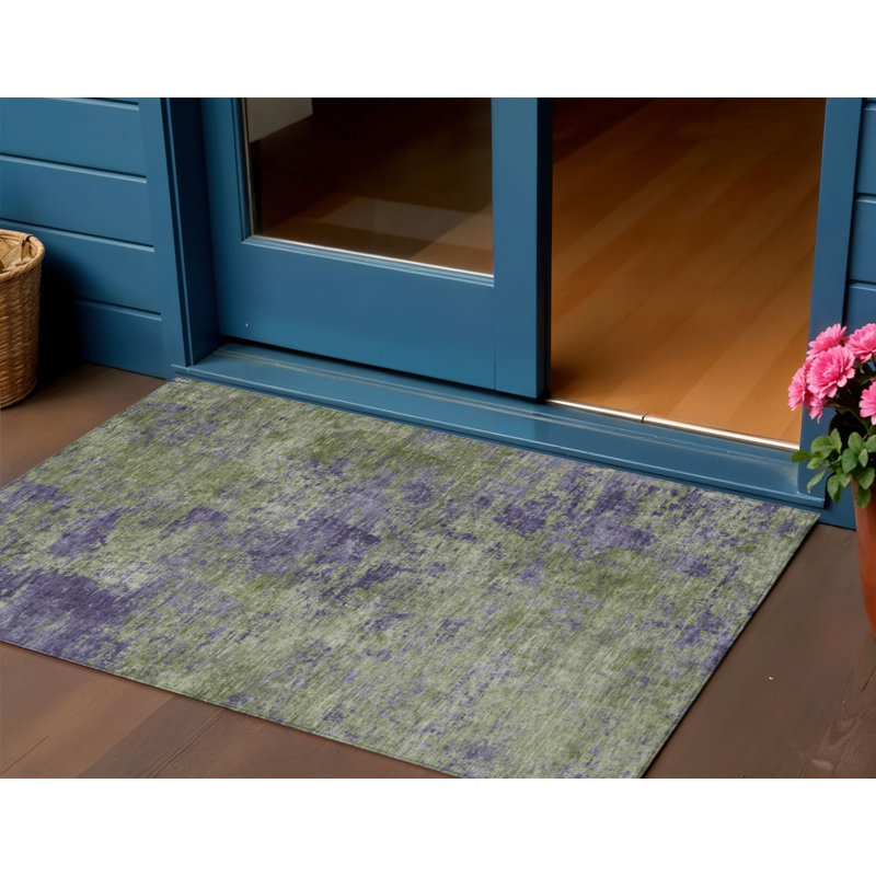 3' X 5' Olive Green And Dark Purple Abstract Washable Indoor Outdoor Area Rug