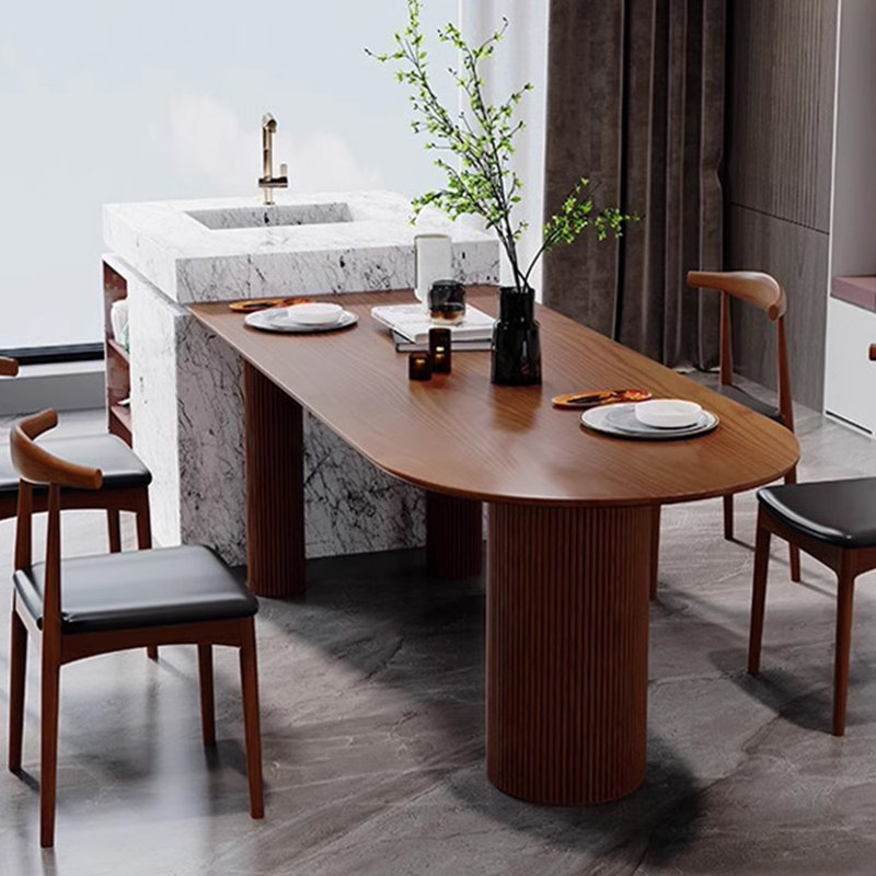 A retro rectangular semi-circular dining table, 29.52"H x 70.86"L x 31.49"W