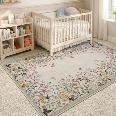    Tapis floral beige lavable 4 x 6 avec envers antidérapant Floral