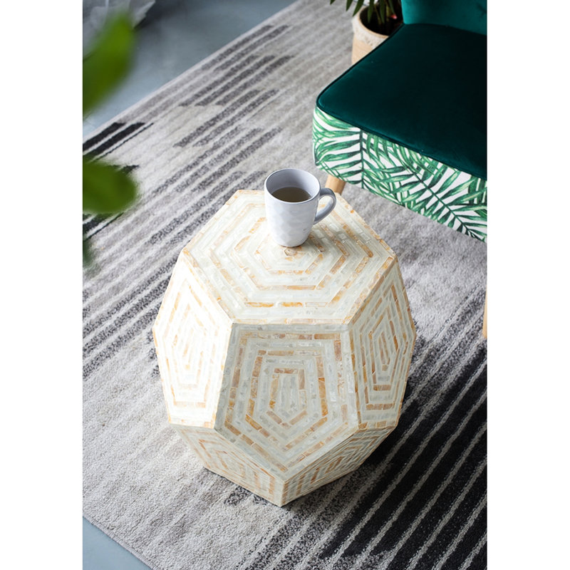 Hexagonal Capes Stool Of 18X18x21 Inches, Cream And Yellow Tones, Inlay Details, Diamond Forms, Employed As Or Side Table With Shades, Highlights, Acting A