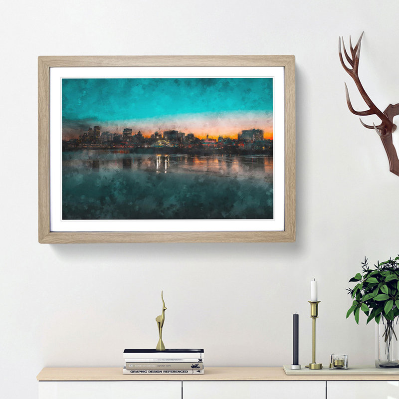 Sketch Of The Montreal Skyline - Single Picture Frame Painting on MDF, 24cm H x 33cm W x 2cm D, Oak Framed