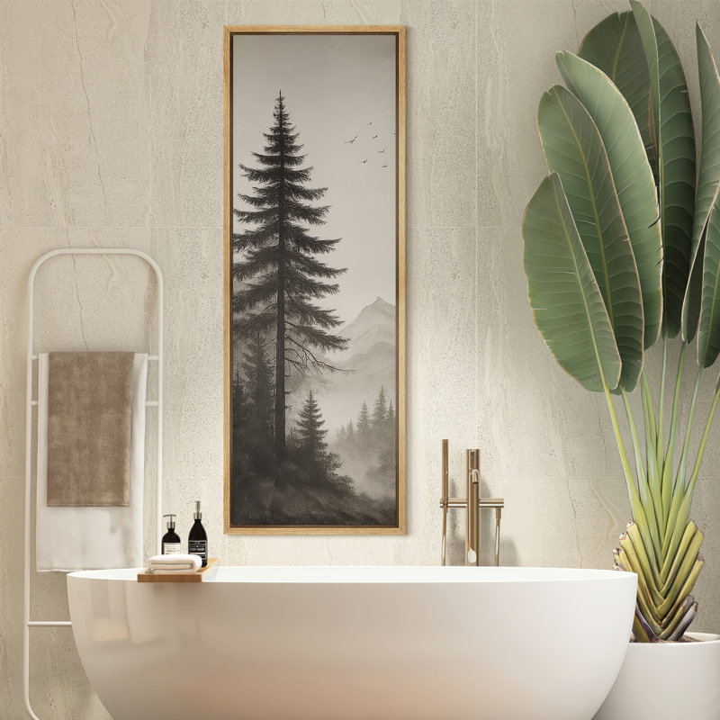 Monochromes de forêt à feuilles persistantes avec oiseaux - grande reproduction d'art sur toile encadrée, Naturel
