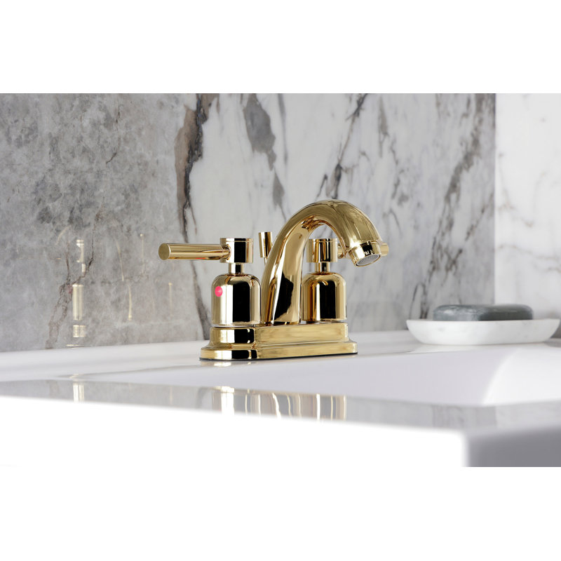 Kingston Brass Concord Two-Handle 3-Hole Deck Mount 4" Centerset Bathroom Faucet with Plastic Pop-Up, Polished Brass