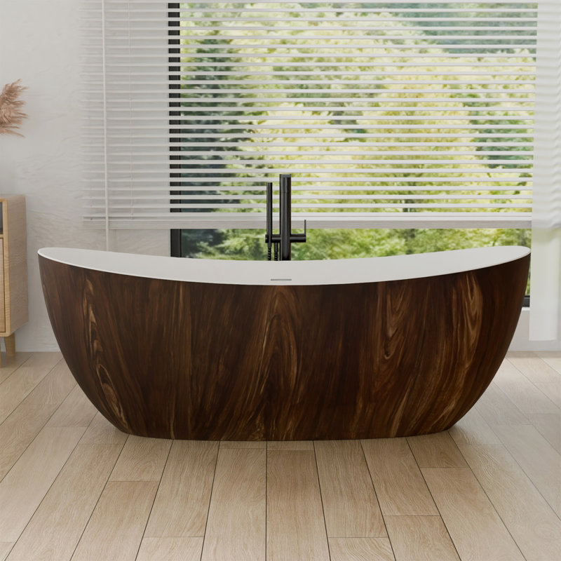 Baignoire autoportante 67 po. X 29,5 po à surface solide avec motif de texture de bois. Baignoire en résine de pierre de conception ergonomique.