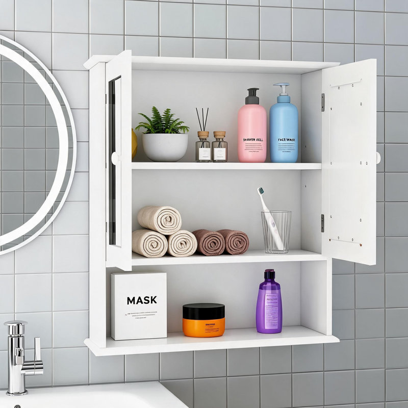 Armoire de salle de bain murale blanche, porte de miroir avec tablettes intérieures