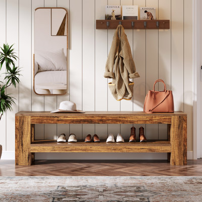 59" Wooden Entryway Bench With Storage Shelf
