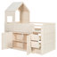 Lit mezzanine simple beige avec bureau coulissant, tiroirs de rangement et armoires fermées pour petites chambres