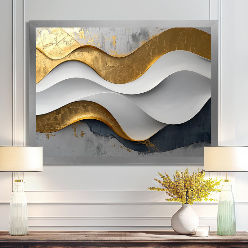 Oplis vagues abstraites d'introspection en or et blanc VI - art mural abstrait de vagues modernes pour le salon, Cadre simple