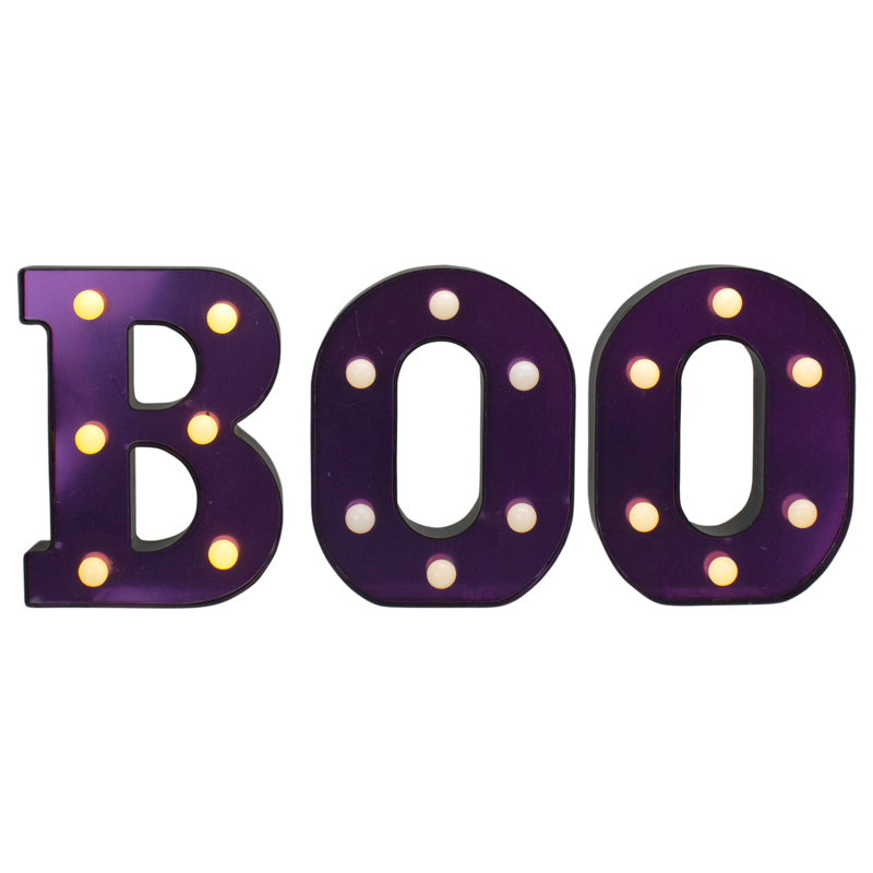 Enseigne lumineuse d'Halloween à DEL «BOO», H 6,5 po x l 5 po x P 1 po, Mauve