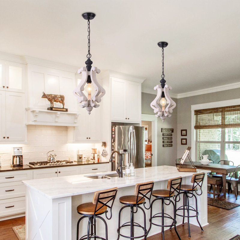 Farmhouse Cottage 1-Light Wood Chandelier With Adjustable Chain For Kitchen Island, Cream White