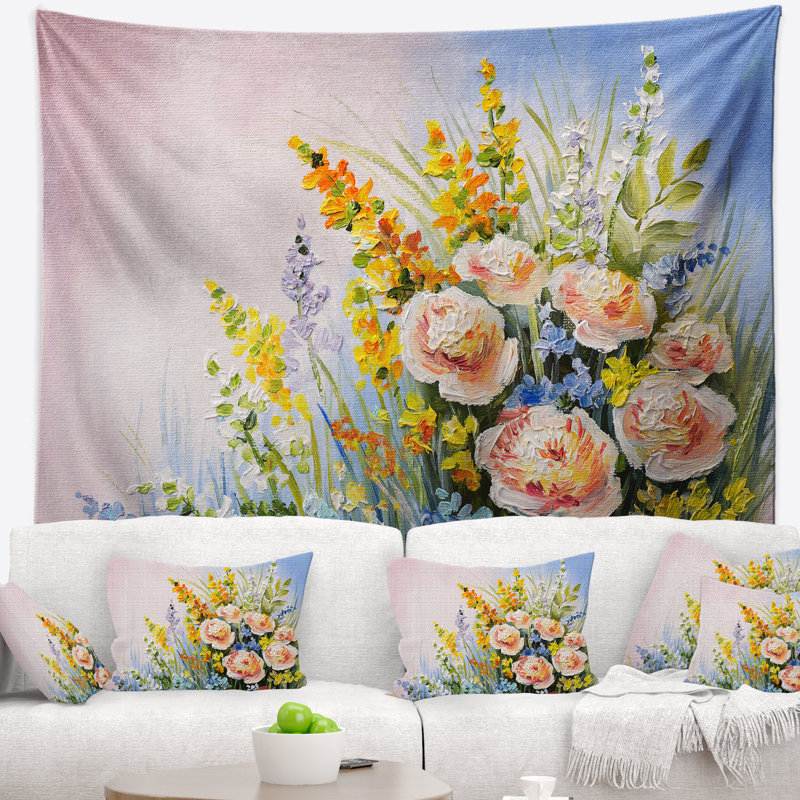 Bouquet de fleurs d’été tapisserie, H 32 po x l 39 po